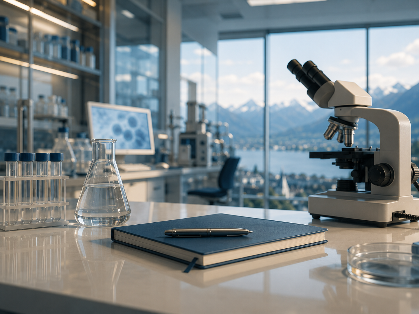 Laborarbeitsplatz mit See- und Bergblick