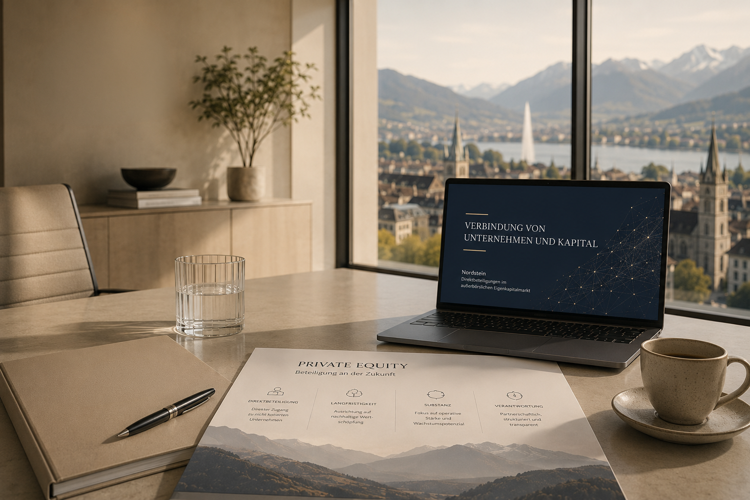 Laptop mit Private-Equity-Präsentation vor See- und Bergblick