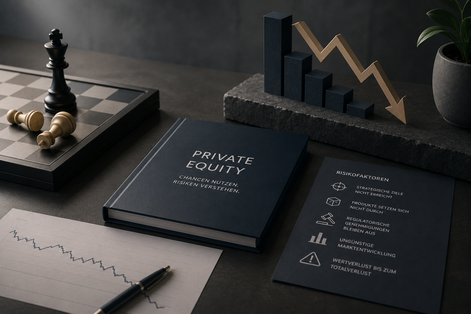 Private-Equity-Unterlagen mit Risikofaktoren und fallender Kurve
